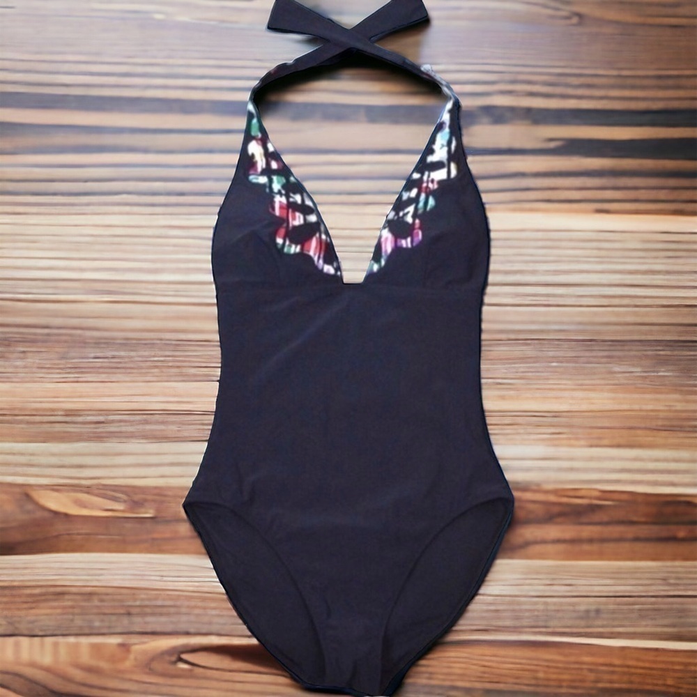 Gideon Oberson Low Cut‎ Black One Piece Halter Swimsuit Size 8 Italian Designer